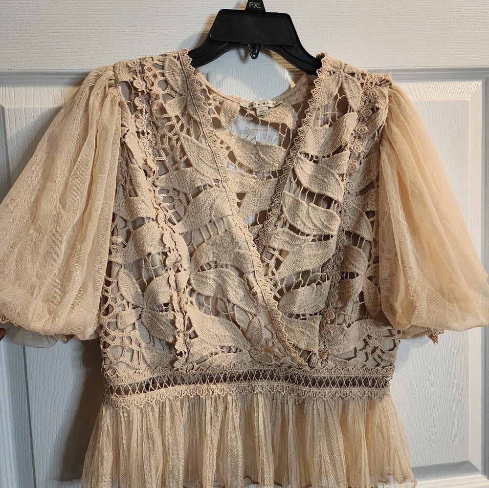 Haute Monde Beige Lace Puff Sleeve Blouse